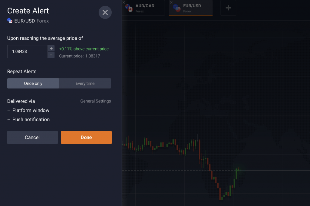 إعدادات تنبيه الأسعار على منصة IQ Option