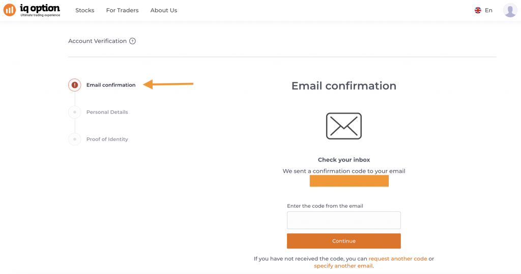 Primer paso de la verificación de IQ Option