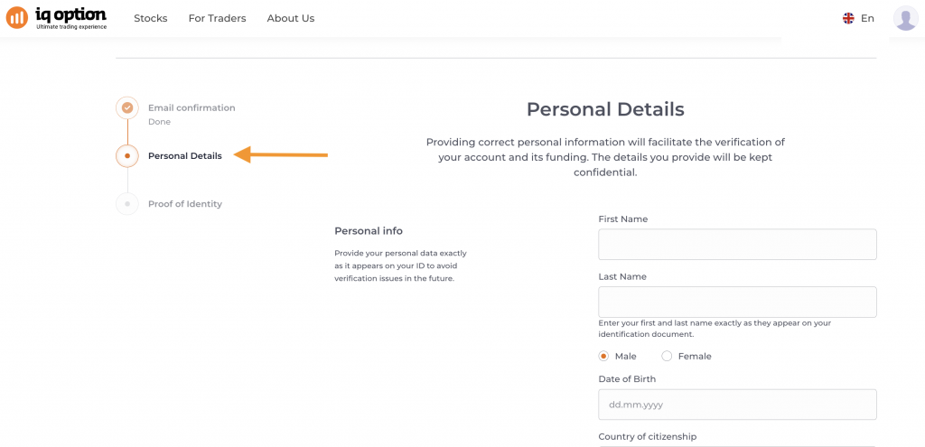 Sezione relativa alle informazioni personali del processo di verifica di IQ Option