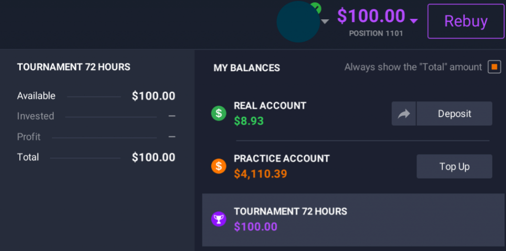 The tournament balance in the IQ Option traderoom