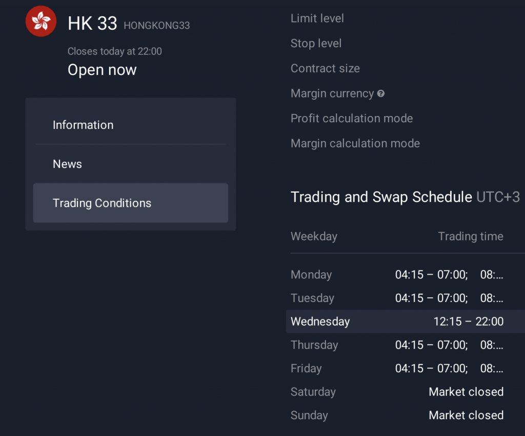 Trading schedule for the HK 33 index on IQ Option