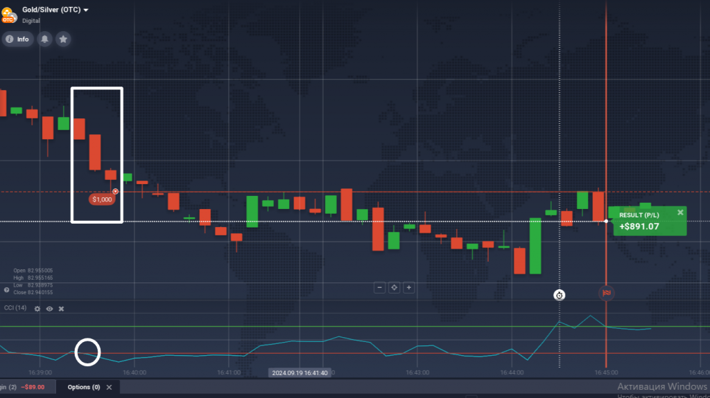 مثال على تداول خيار الذهب/الفضة "ارتفاع" لمدة 3 دقائق استنادا إلى إشارة مؤشر قناة السلع الأساسية.