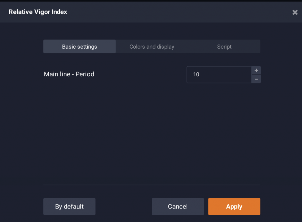 La configuración del indicador RVI en IQ Option