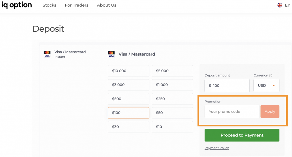 IQ Option deposit page