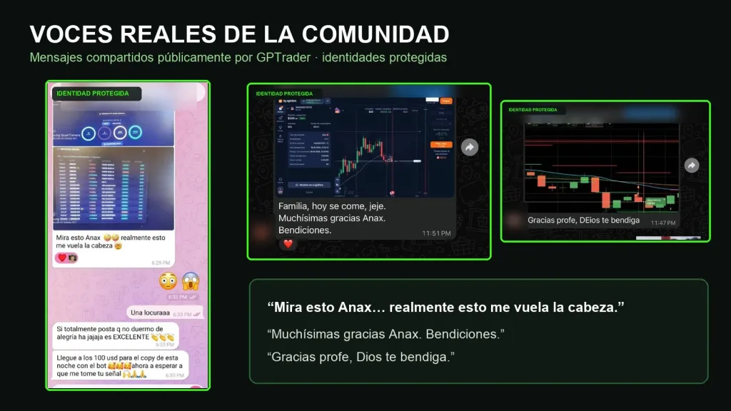 Mensajes reales compartidos por la comunidad GPTrader, con identidades protegidas