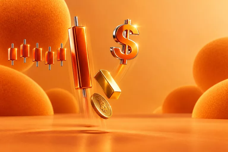 3D orange candlestick plunging alongside a falling gold bar and bitcoin coin while a dollar sign rises, illustrating the market reaction to the September 2026 US CPI report